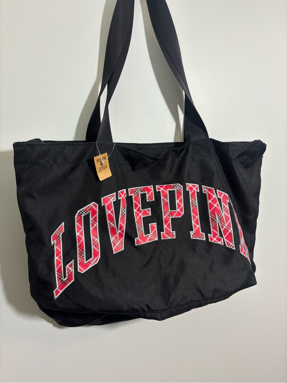 PINK Victoria’s Secret LOVE PINK Plaid Logo Tote Bag NWT Varsity Black Red